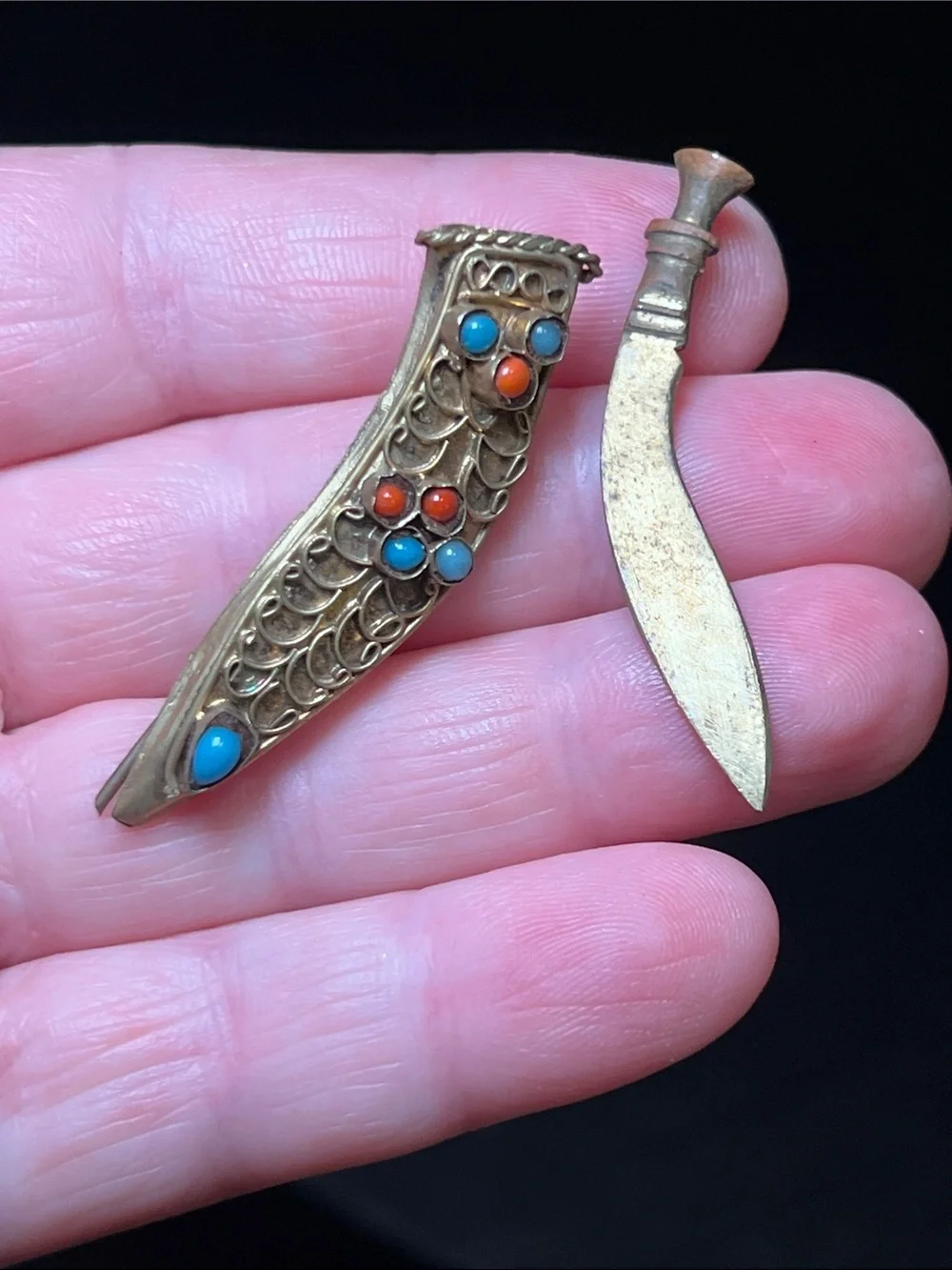 Vintage Ornate Brass Filigree Tiny Dagger Sword Shaped Brooch Pin